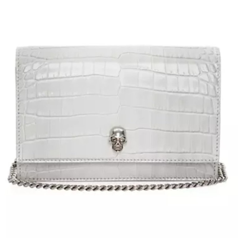 Alexander McQueen Skull Croc-Embossed Leather Chain Crossbody Light Gray